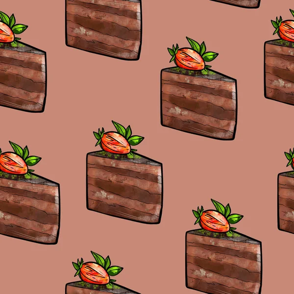 Illustration raster seamless pattern piece of brown chocolate cake decorated with berries on a brown background — ストック写真