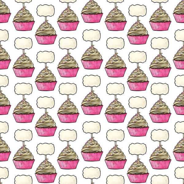 Seamless raster pattern of cupcakes with pink base and yellow cream fillings with a sign under the text on white isolated background — Foto Stock