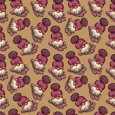 Şapkalı ve sakallı bir cücenin kusursuz desenli çizimi. Kahverengi arka planda yeni yıl ve noel sembolü.