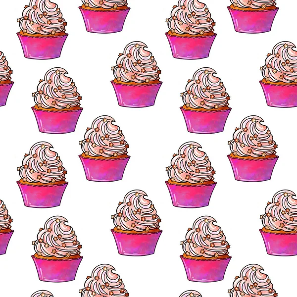 Seamless raster pattern of cupcakes with pink base and pink lilac cream berry fillings on white isolated background — Stockfoto