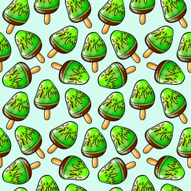 Seamless raster pattern of green ice cream on stick with kiwi fruit flavor on light blue background