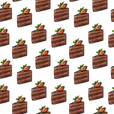 Illustration raster seamless pattern piece of brown chocolate cake decorated with berries on a white isolated background