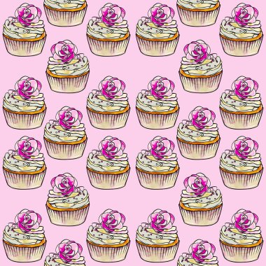Seamless raster pattern of cupcakes with beige base and yellow-pink cream fillings and decorated with flower on pink background
