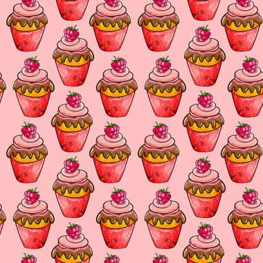 Illustration raster seamless pattern cream dessert red color decorated with strawberries on pink background