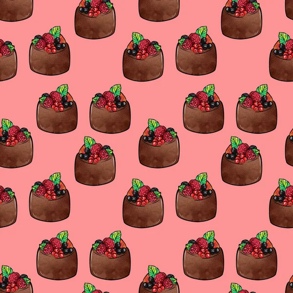 Illustration raster seamless pattern brown color chocolate cake decorated with berries on a pink background — Stock Fotó