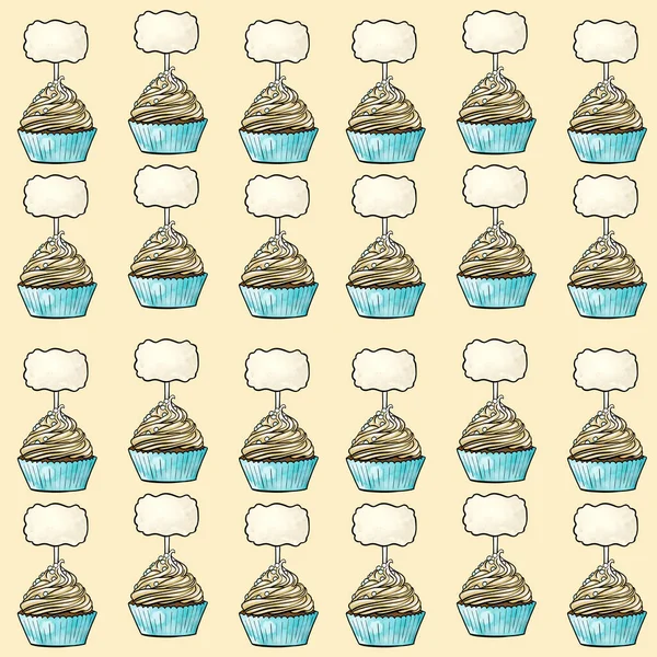 Seamless raster pattern of cupcakes with blue base and yellow cream fillings with a sign under the text on yellow background — Foto Stock