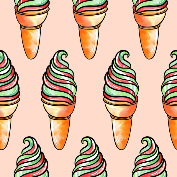 Seamless raster pattern of red-green ice cream in a waffle cup with fruit and cream flavor on a beige background — ストック写真