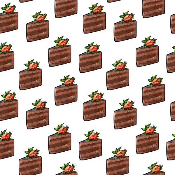 Illustration raster seamless pattern piece of brown chocolate cake decorated with berries on a white isolated background — 스톡 사진