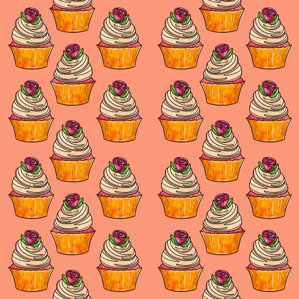 Seamless raster pattern of cupcakes with orange base and beige cream fillings and decorated with rose on orange background — ストック写真