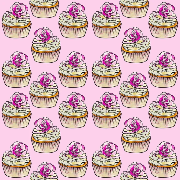 Seamless raster pattern of cupcakes with beige base and yellow-pink cream fillings and decorated with flower on pink background — Foto Stock