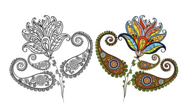 Beyaz izole edilmiş arkaplan üzerindeki renklendirme sayfaları için renk ve siyah ve beyaz versiyonu üzerine resim raster ögesi desenleri