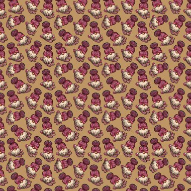 Şapkalı ve sakallı bir cücenin kusursuz desenli çizimi. Kahverengi arka planda yeni yıl ve noel sembolü.