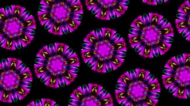 Animation movement and rotation mandalas in shiny glowing lilac color on dark black background