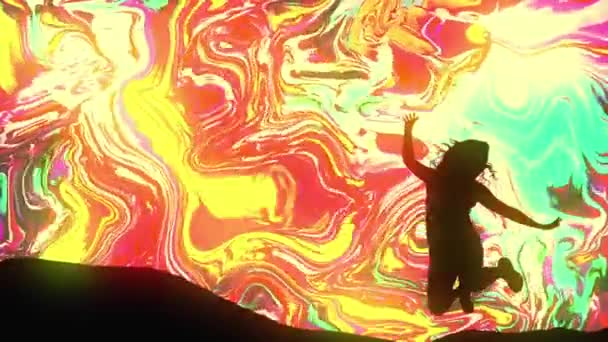 Renkli arka planda hareket eden sıvı psikedelik animasyon üzerinde siyah kadın silueti — Stok video