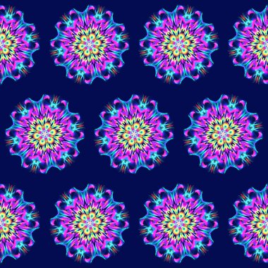 Koyu mavi arka planda parlak leylak renginde mandalaların kusursuz deseni.