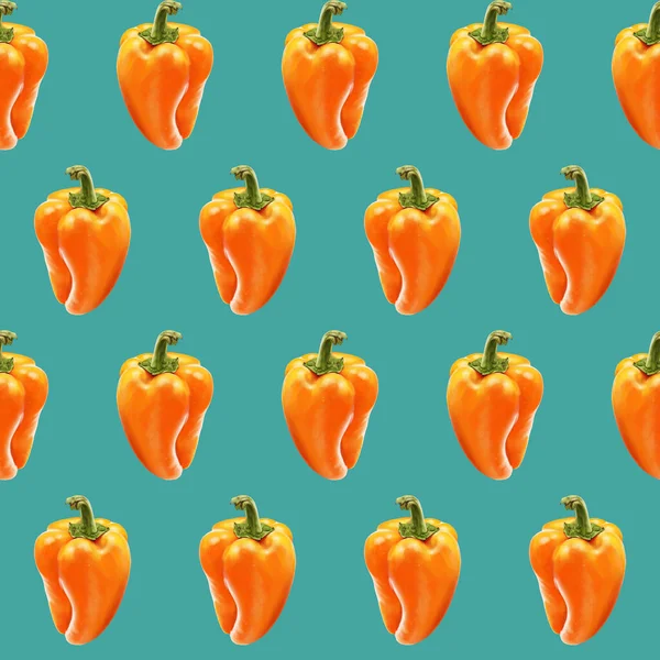 Illustration réalisme motif sans couture légume paprika couleur orange sur un fond bleu. Poivron doux — Photo