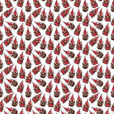 Şapkalı ve sakallı bir cücenin kusursuz desenli çizimi. Beyaz izole arkaplanda yeni yıl ve noel sembolü.