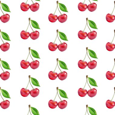 Çizim gerçekçiliği kusursuz desenli kırmızı kirazlı yeşil yapraklı beyaz izole arkaplan
