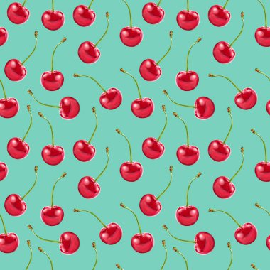Çizim gerçekçiliği, mavi yeşil arka planda, pürüzsüz desenli kırmızı kiraz.