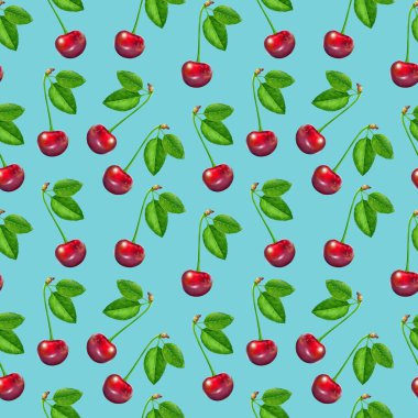 Çizim gerçekçiliği pürüzsüz desenli kiraz rengi açık mavi arka planda yeşil yapraklı.