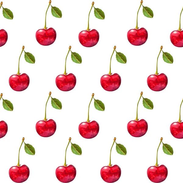 Ilustrasi realisme pola mulus berry merah cherry dengan daun hijau pada latar belakang putih terisolasi — Stok Foto