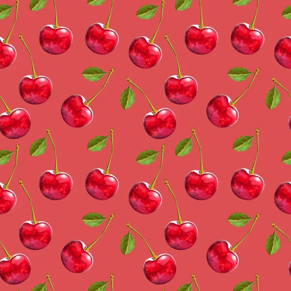 Illustration realism seamless pattern berry red cherry with green leaf on a red background — Stock Photo, Image