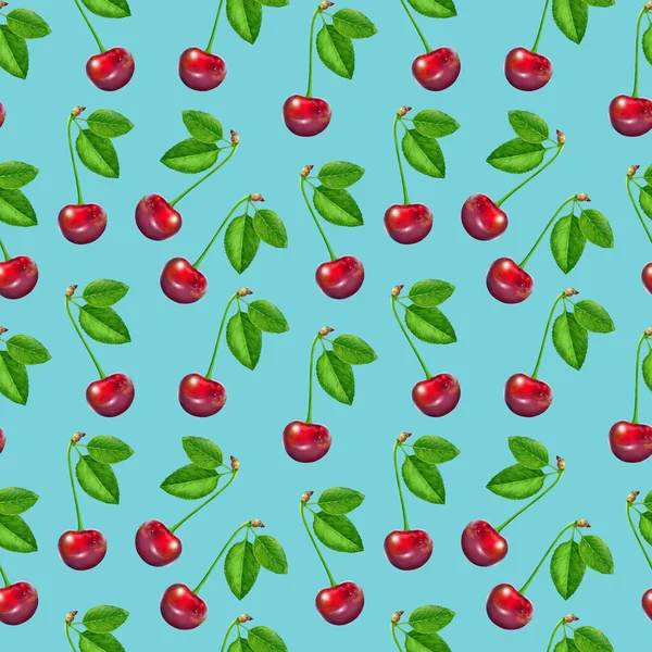 Illustration realism seamless pattern berry vinous cherry with green leaf on a light blue background — Stock Photo, Image