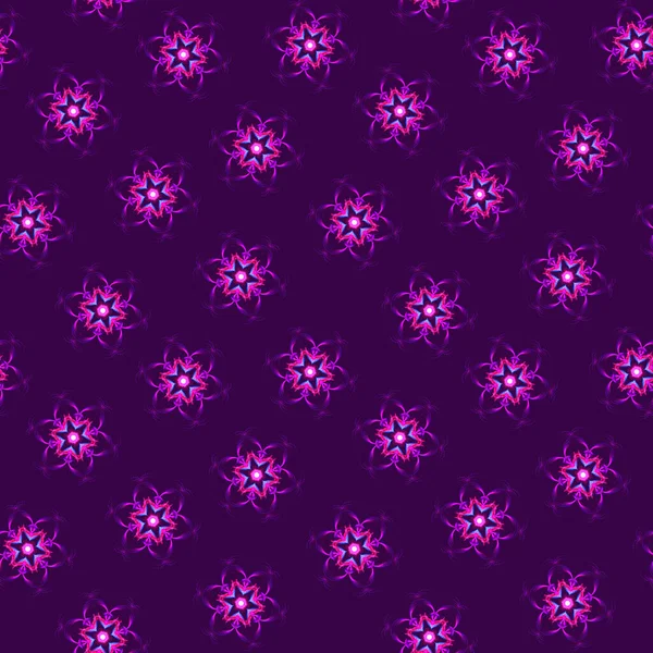 Illustration raster seamless pattern of mandalas in shiny glowing lilac color on dark lilac background — Stock Photo, Image