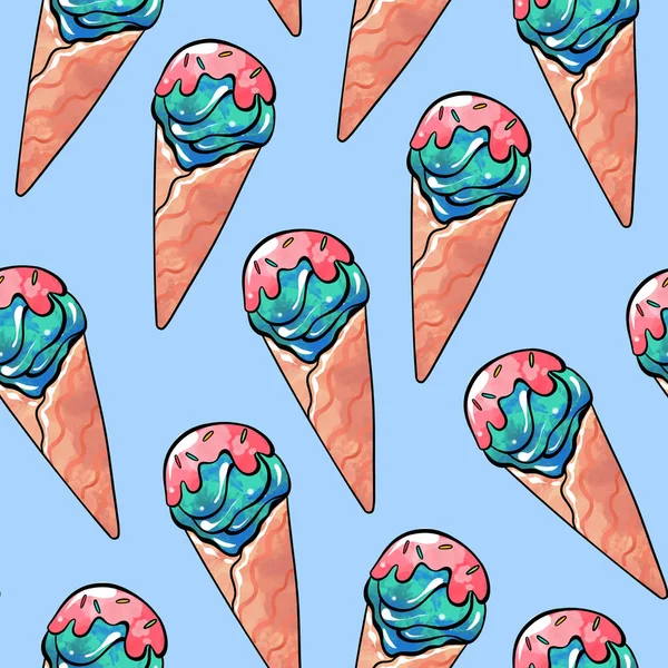 Patrón de trama sin costuras de helado de color rojo azulado en una taza de gofres con sabor a bayas de fruta sobre un fondo azul claro —  Fotos de Stock