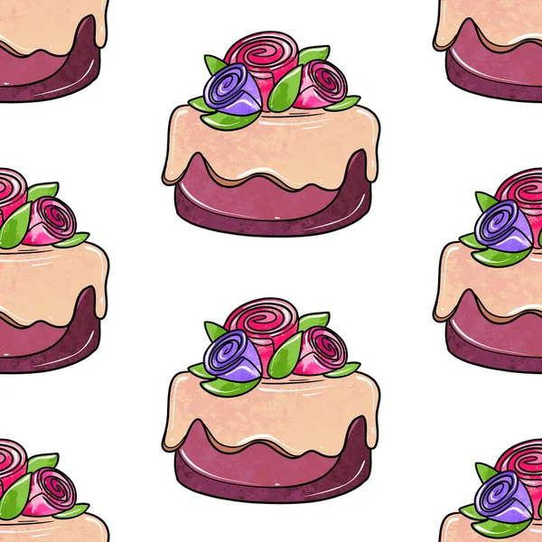 Illusztráció raszter zökkenőmentes minta kerek lila színű torta díszített bogyók fehér elszigetelt háttér — Stock Fotó