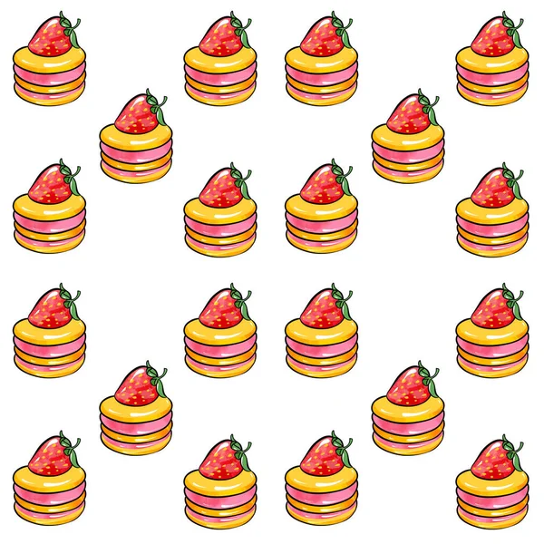 イラストラスターシームレスパターンラウンドイエロー。白い隔離された背景にイチゴで飾られた赤い色のケーキ — ストック写真