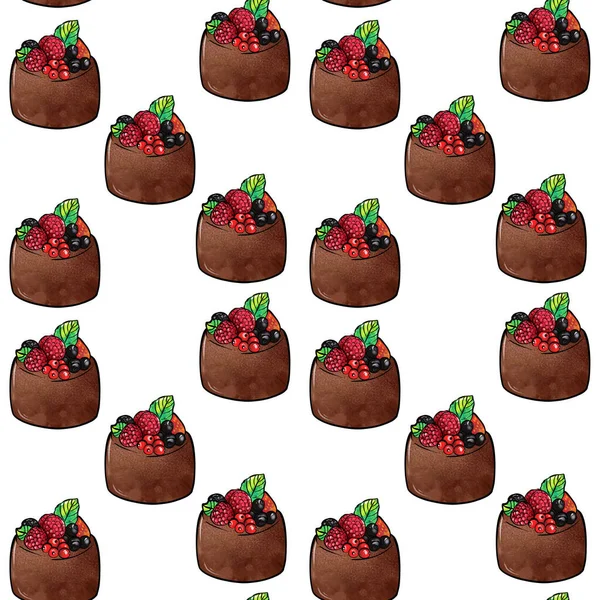 Illustration raster seamless pattern brown color chocolate cake decorated with berries on a white isolated background — 图库照片