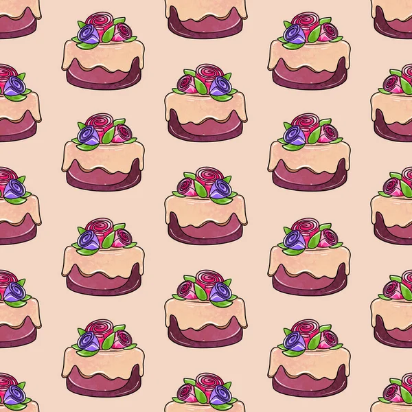 Ilustracja raster bezszwowy wzór okrągły fioletowy kolor ciasto ozdobione jagodami na beżowym tle — Zdjęcie stockowe