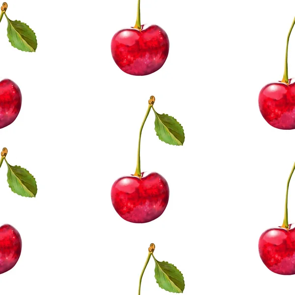 Ягода красная вишня с зеленым листом на белом изолированном фоне — стоковое фото