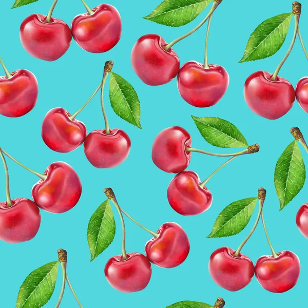 Ilustrasi realisme pola mulus berry merah cherry dengan daun hijau pada latar belakang biru muda — Stok Foto