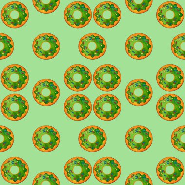 Açık yeşil arka planda kusursuz yeşil donut deseni. Şekerleme tatlısı üst görünüm.