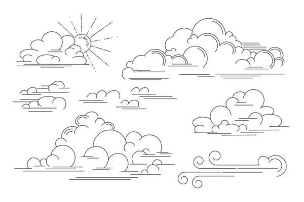 Nubes lineales vectoriales. Conjunto de imágenes aisladas de contorno de nubes, viento y remolino de tormenta. Esquema ilustración vectorial — Vector de stock
