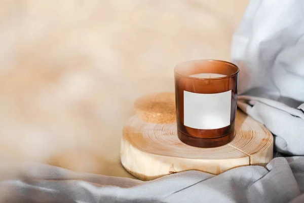 Meditation Space Candle Burning Candle Wooden Coaster Warm Aesthetic Composition — Fotografia de Stock