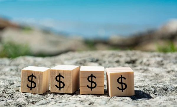 Dollar Sign Wooden Block Blurred Background Blue Ocean Finance Concept — Stockfoto