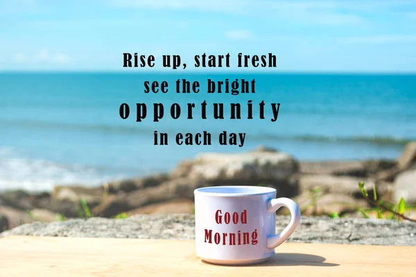 Motivational Inspirational Quote Coffee Cup Blurred Ocean Background Rise Start — ストック写真