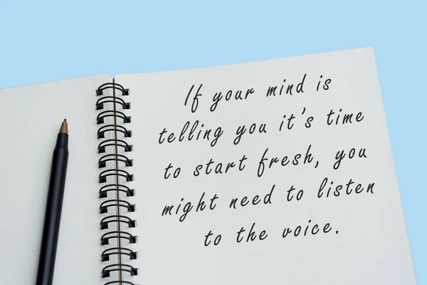 Top View White Notebook Motivational Quote Blue Background Start Fresh — Stock Photo, Image