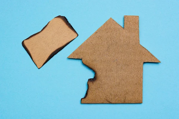 Burned Paper House Model Blue Background Home Insurance Concept Flat — Stock Photo, Image