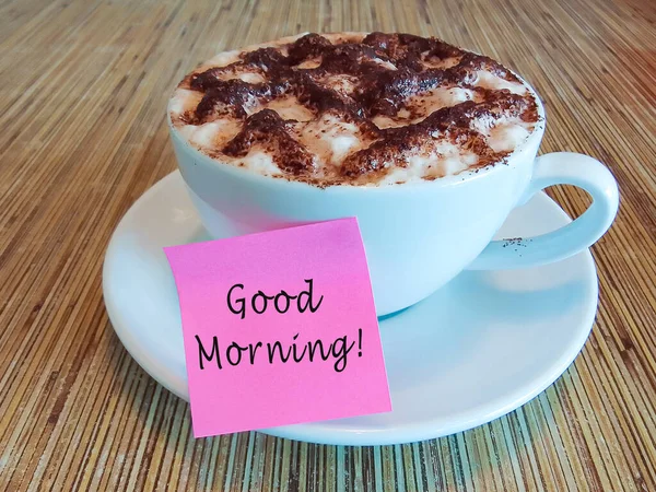 God Morgon Text Rosa Ton Kaffekopp Träbord — Stockfoto