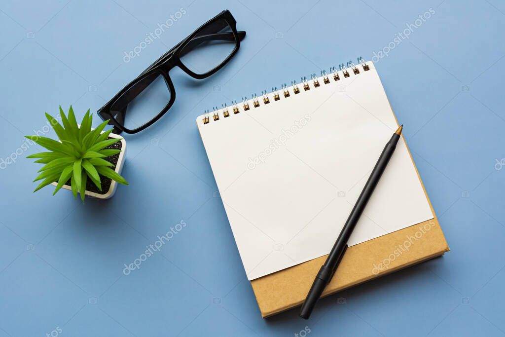 Notepad with notepad, potted plant, pend and glasses. Flat lay. Directly above. For text purpose.