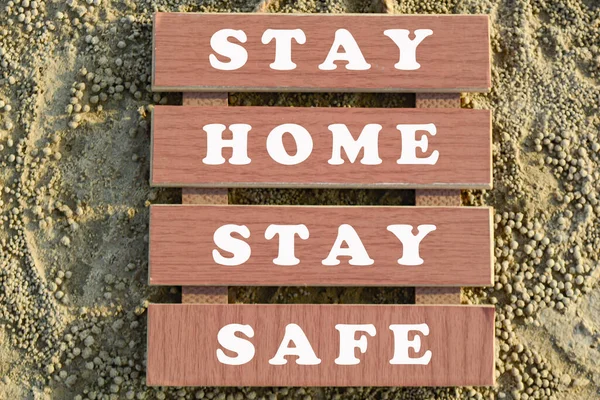 Stay Home Stay Safe Text Wooden Frame Sandy Beach Pandemic — Stock Photo, Image