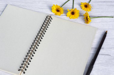 Not defteri düz yerde, tahta masanın üzerinde ayçiçekleri vardı. Tam üstte. Boşluğu kopyala.