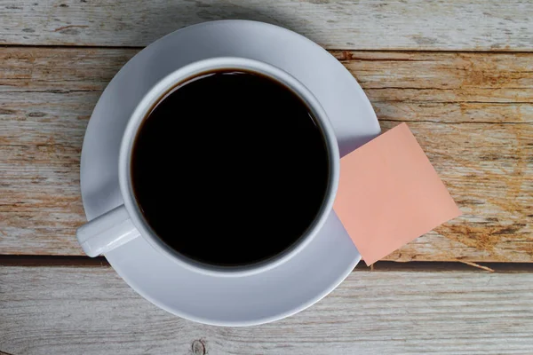 Bovenaanzicht Van Nota Met Koffiekop Plat Gelegd Kopieerruimte — Stockfoto