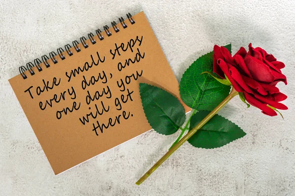 Motivational Quote Brown Note Book Red Roses Marble Desk Take — Stockfoto
