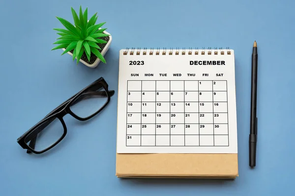 December 2023 Desk Calendar Blue Background Directly Flat Lay Copy — ストック写真