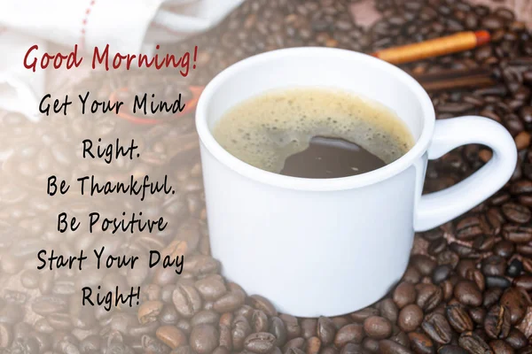 Motivational quote on cup of coffee on coffee beans background - Good morning, get your mind right, be thankful, be positive, start your day right.